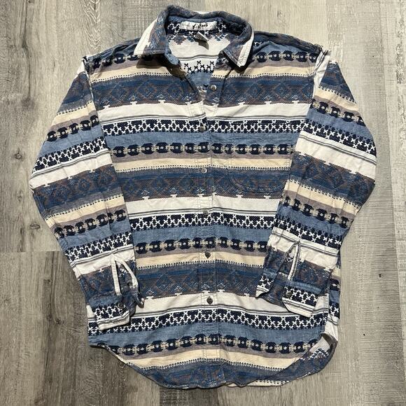 Vintage Kikimo Nepalese Woven Knit Blue Aztec Nepal Button Shirt Men's Large - Picture 1 of 5